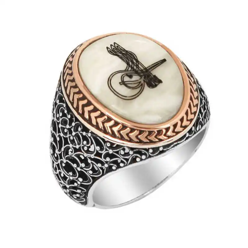 Silver Mother-of-pearl Tugra Men's Ring - 925 Sterling Men's Jewelry Wedding Birthday Gift - Box - Stone - Male - Fashion - Botiva - Size - Turkish - Patterned Embroidery