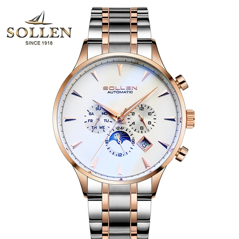 Luxury Brand Switzerland SOLLEN Automatic Mechanical Men's Watches Sapphire Multi-function Moon Phase Steel Waterproof SL303-1