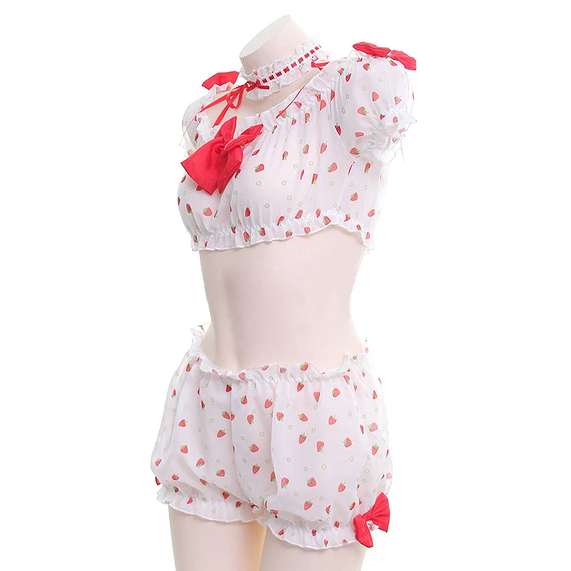 Women Sweet Strawberry Print Lingerie Set Ruffles Bowknot Crop Top Shorts Pajamas Kawaii Anime Lolita Cosplay Nightwear Lingerie