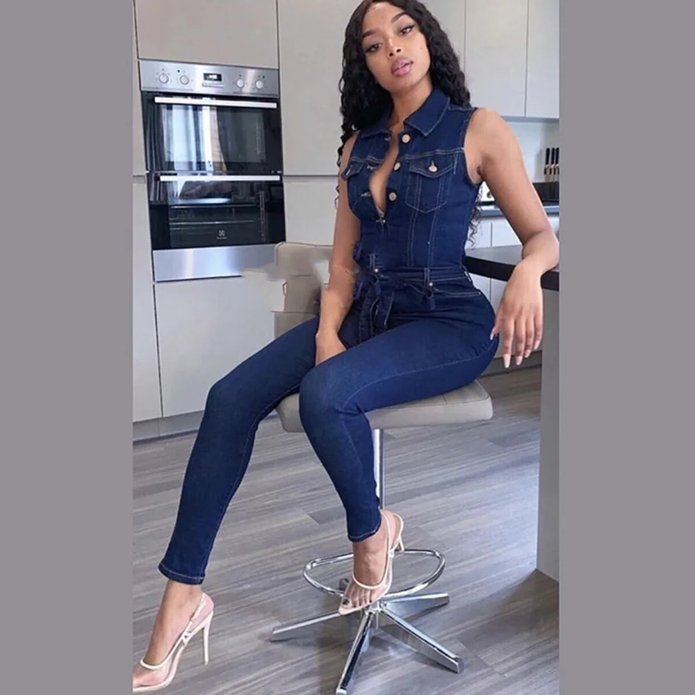 African mom jeans stretch fabric sleeveless jumpsuit factory direct sales Women's Fashion Jeans Women's Fashion Jeans