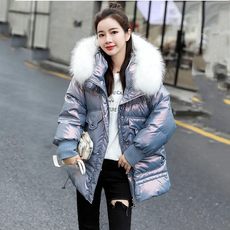 2024 Winter Big Fur Hooded Jackets Female Fashion Oversized Coats Glossy Casual Cotton Padded Parka Manteau Longue Femme Hiver