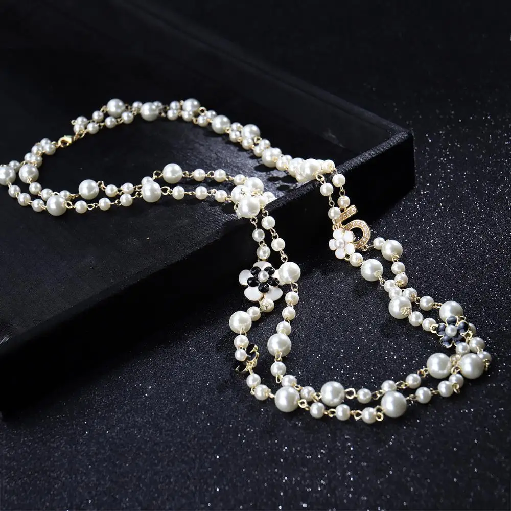 Long Simulated Pearl Necklace For Women No.5 Double Layer Pendant Long CC Necklace Sweater Chain Party Camellia Nacklace
