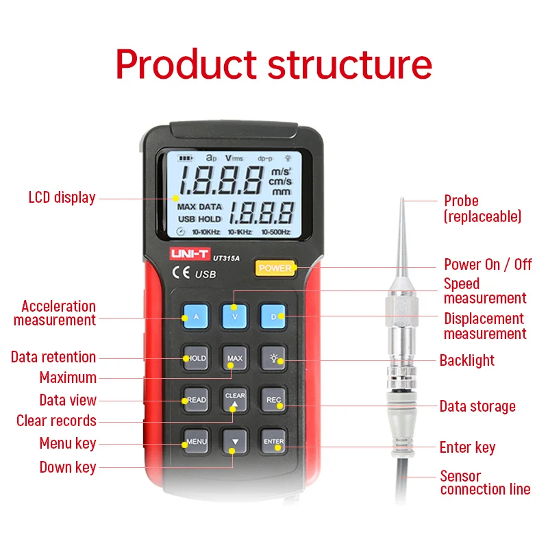 UNI-T UT315A การสั่นสะเทือนแบบดิจิตอลเครื่องทดสอบการสั่นสะเทือนการเร่งความเร็ว Displacement Measurement USB เชื่อมต่อ PC