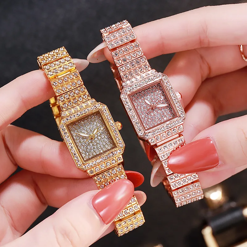 Luxury Watches for Women Cool Full Iced Out Gold Watch Women Rhinestone Wristwatch Oblong Shape Relojes Para Mujer Ladies Watch