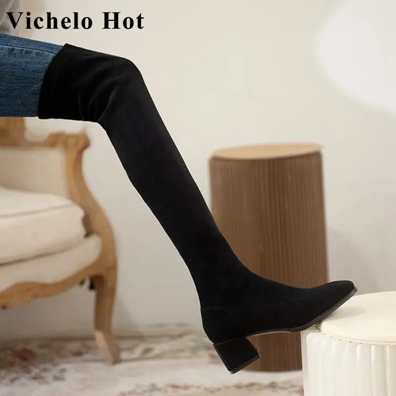 

Vichelo Hot skinny boots ins slip on plus size 43 winter square toe thick med heels microfiber stovepipe over-the-knee boots l88