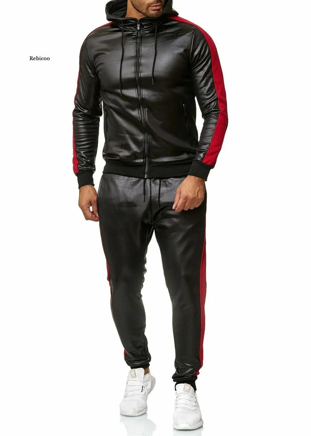 Pu Leather Men Tracksuit Hooded Men\'s Set Casual 2 Pieces Set Faux Leather Jacket+Pants Motorcycle Sports Suit Mens Clothes