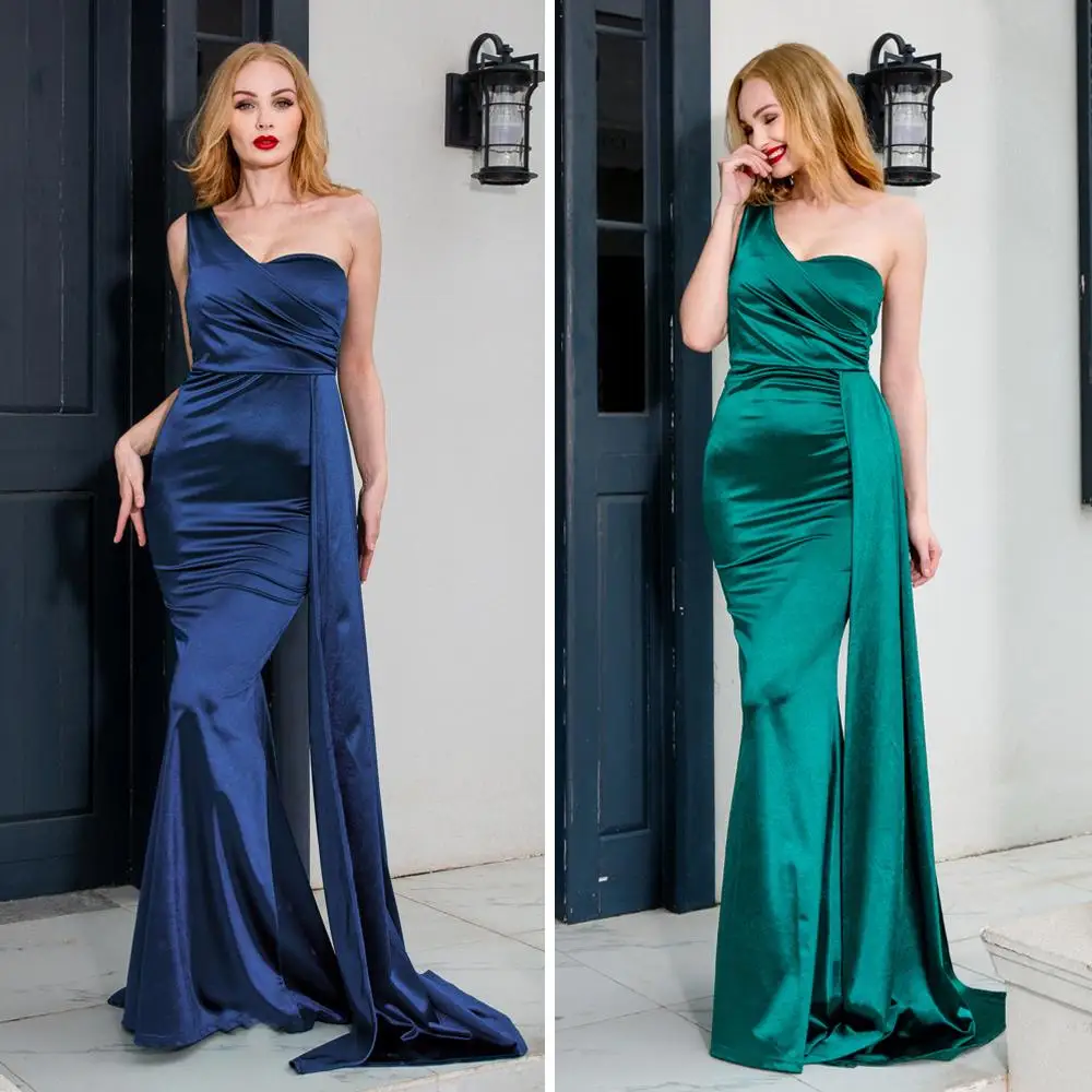 ซาตินชุดราตรีผู้หญิงหนึ่งไหล่ Fit และ Flare รถไฟเอว Boned Bodice ชุดราตรี Vestidos De fiesta