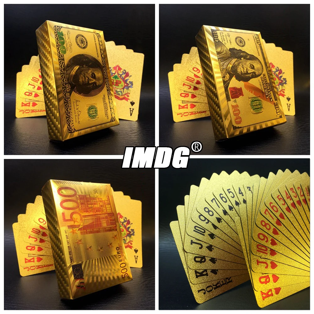 New Colorful Gold Poker Currency Pattern Golden Playing Cards Waterproof PET/PVC Plastic Poker Dollars EUR JPY GBP