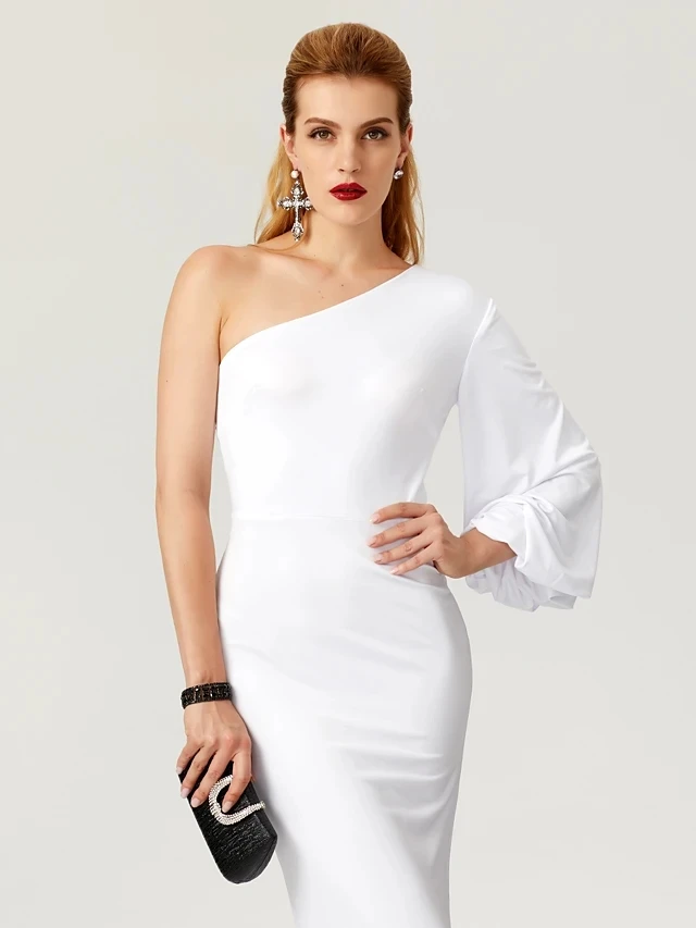 Vestido Formal De noche De satén blanco De sirena, manga larga, un hombro, para fiesta De graduación, De compromiso, 2021