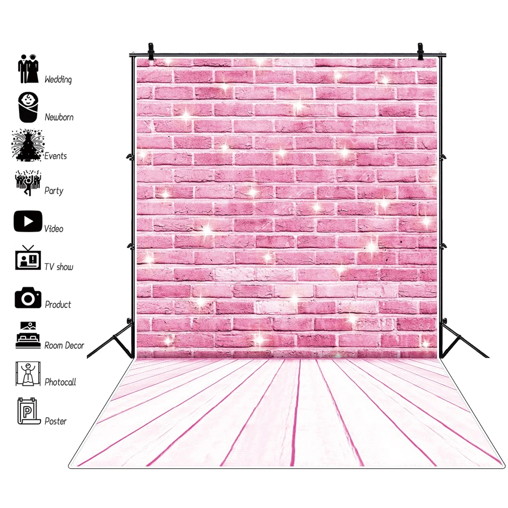 Pink Backdrops For Photography Brick Wall Shiny Star White Wooden Board Floor Party Baby Child Photozone Photography Backgrounds