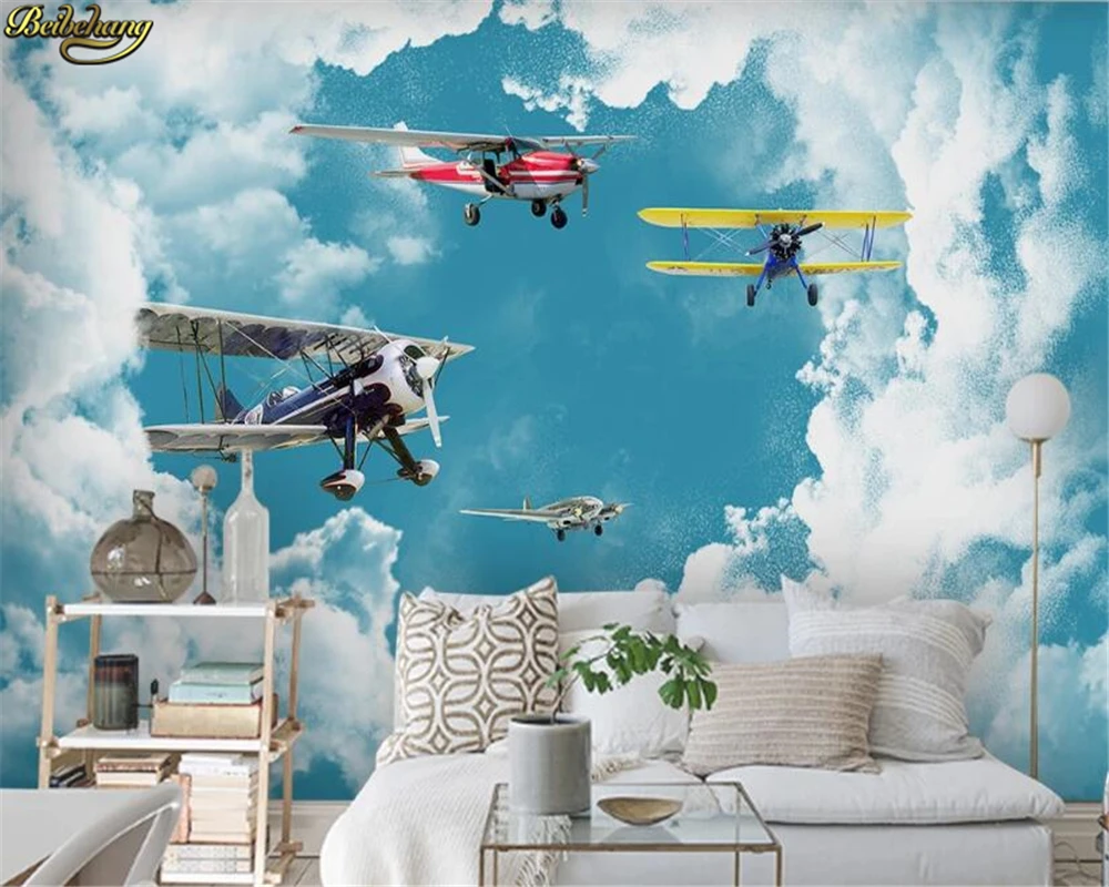 

beibehang Custom 3d wallpaper mural simple Mediterranean blue sky white cloud airplane children's room background wall paper