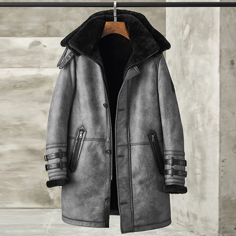 Shearling Jacket Mens B7 Bomber Jacket Long Style Leather Jacket Mens Winter Coats Fur Jacket Metallic Gray