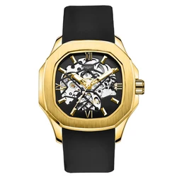 FRANCISCO Golden Case Luxury Wristwatch Casual Design Silicon Strap Top Brand Automatic Winding Mechanical Skeleton Watch