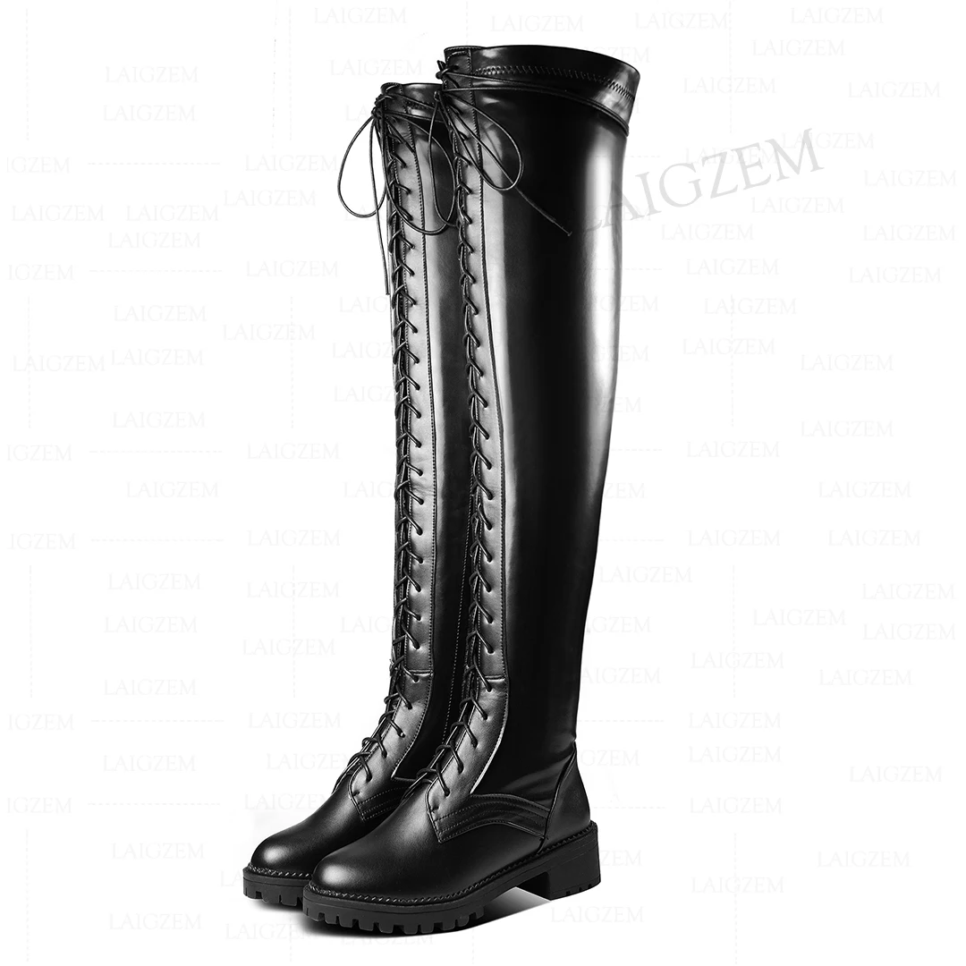 LAIGZEM Women Over Knee Boots/ Knee High Faux Leather Wide Calf Friendly Mid Heels Boots Side Zip Shoes Woman Big Size 41 46 50