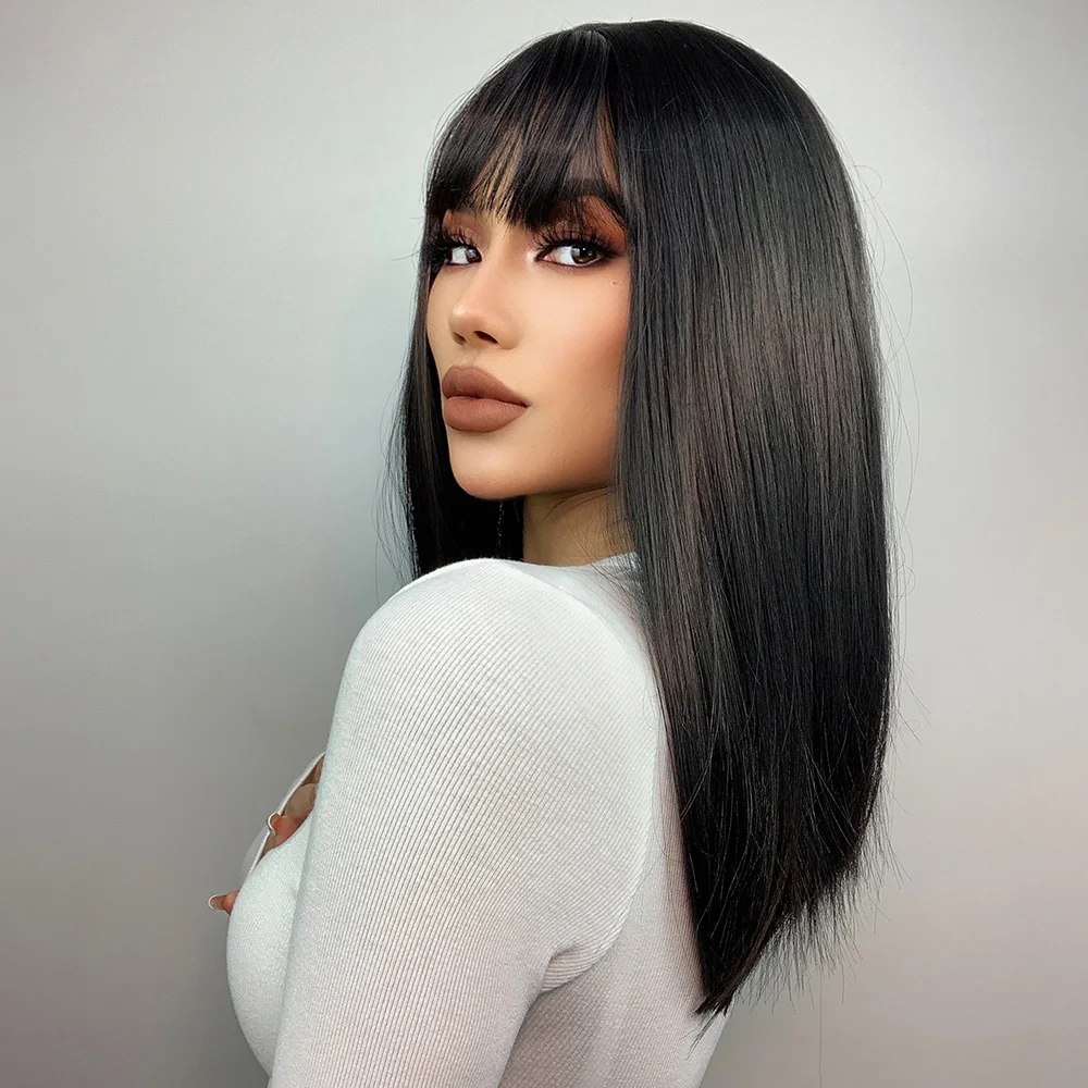 GEMMA Natural Black Medium Straight Bob Synthetic Wig Hair Cosplay Party Lolita Women Girls Wigs with Bangs Heat Resistant Fibre