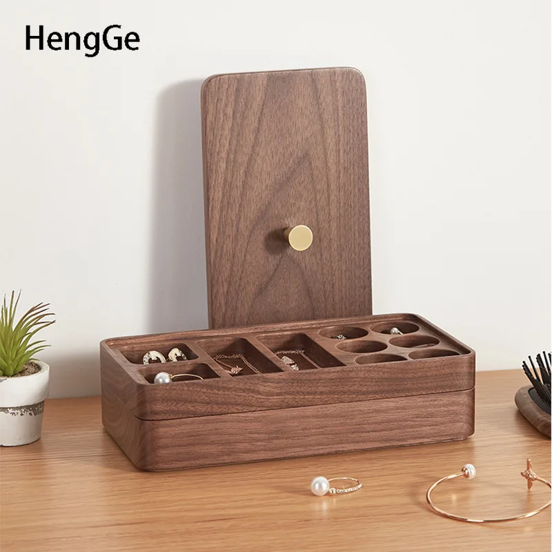 

Walnut Wood Double Layer Jewelry Case Light Luxury Solid Wood Necklace Jewelry Organizer Desktop Exquisite Storage Box Organizer