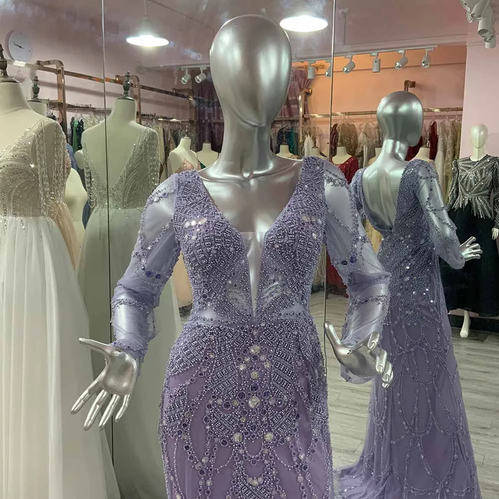 Vestidos de Noche de manga larga con cuentas lilas de lujo, vestidos de sirena con cuello en V y perlas de tul, vestido Formal de alfombra roja