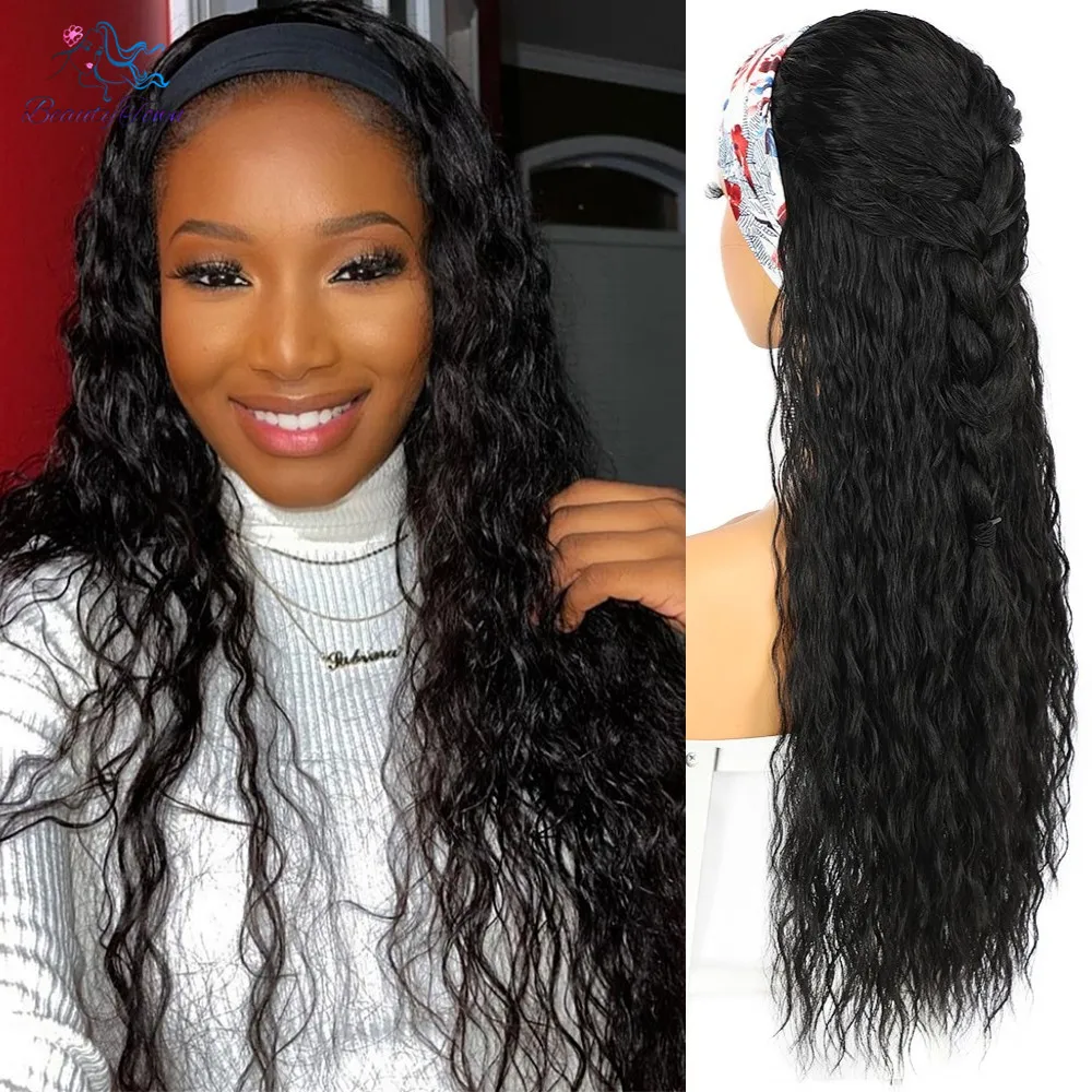 Kinky Curly Headband Wig for Women Daily Black Scarf Wig 26inches Long Party Travel Holiday Glueless Synthetic Wigs 2 Free Bands