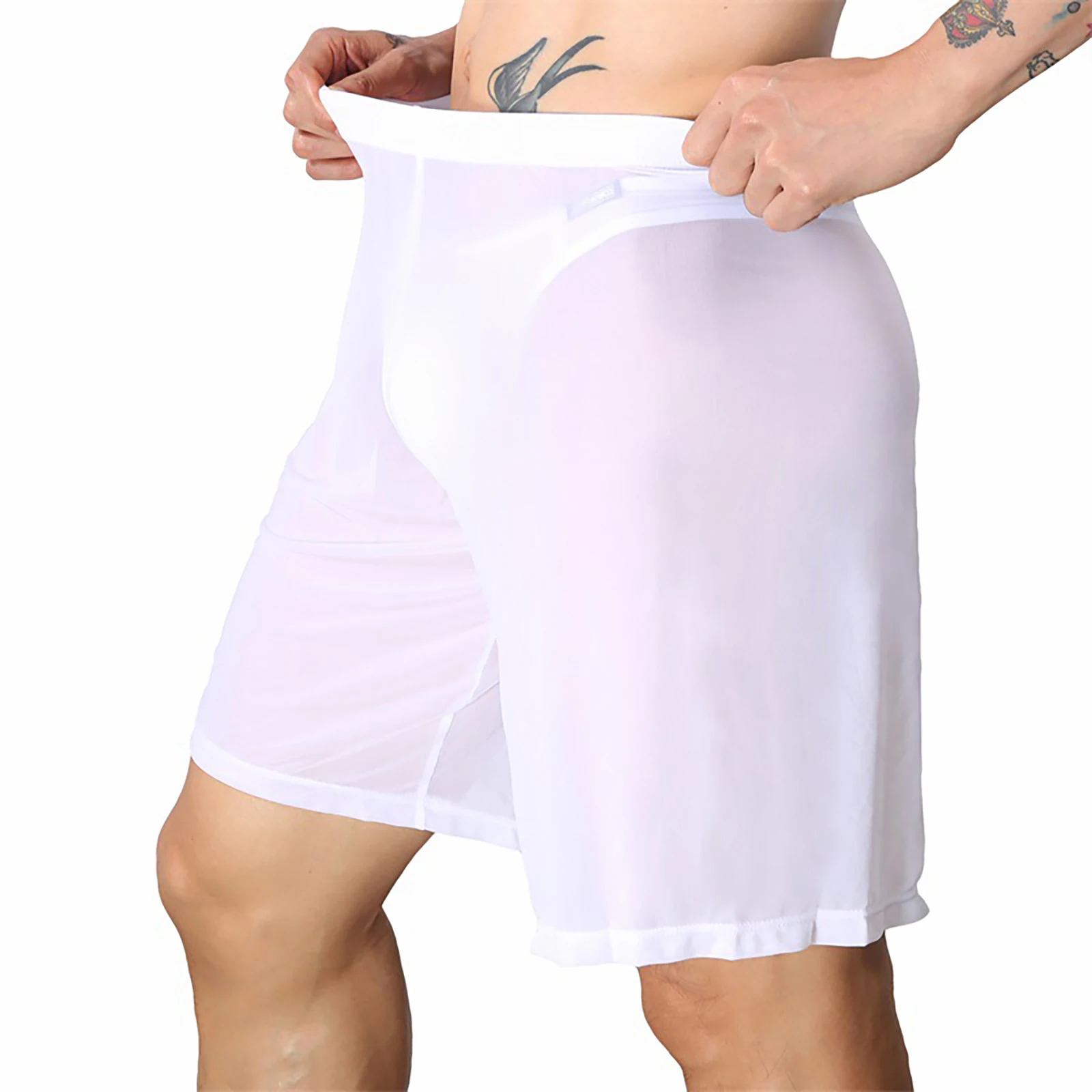 Men White Elastic Waistband See-Through Mesh Pajamas Sleep Shorts Sleeping Bottoms Underwear Sleepwear Loungewear