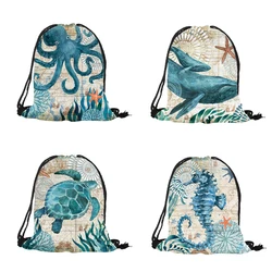 Blue marine animal Women Backpack Seahorse Turtle Octopus 3D Printing Travel Shoulder Bags Mochila Men GYM Sack Drawstring Bag