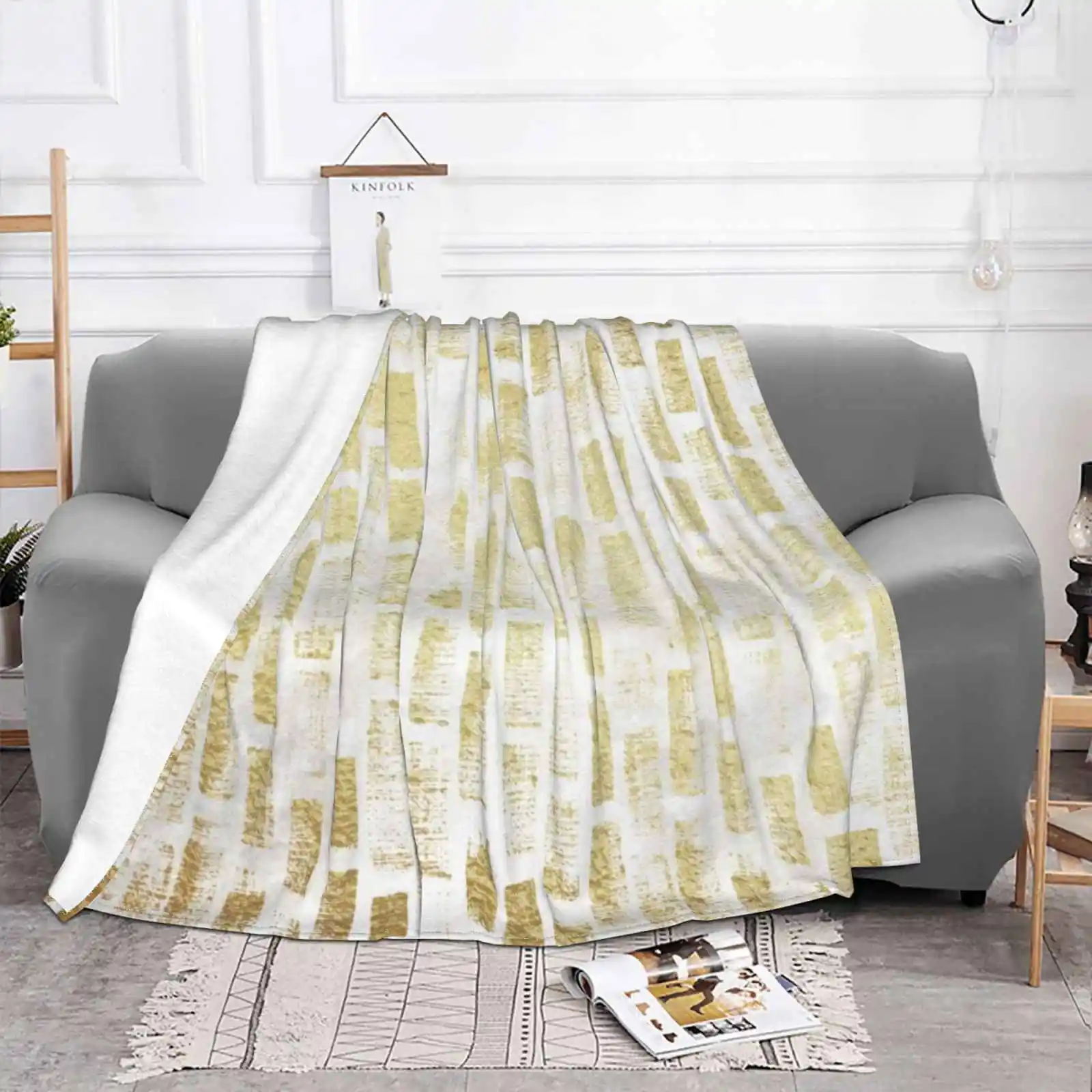 Golden Minimalistic Brush Strokes Pattern Air Conditioning Blanket Travel Portable Blanket Gold Golden Brush Strokes Vertical