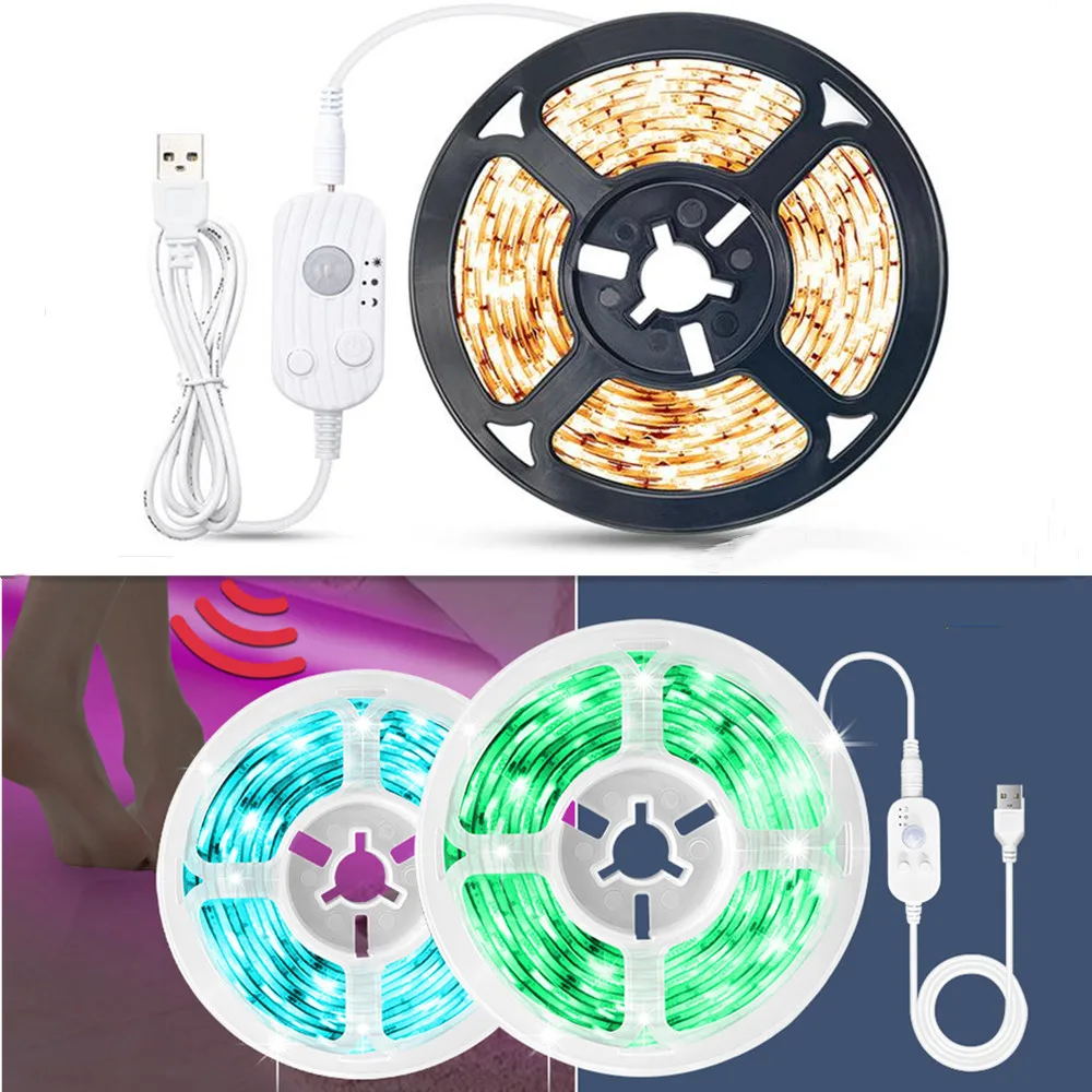 USB LED Strip Light PIR Motion Sensor Tape Rope Waterproof Under Cabinet Dimmable Night Lamp For Kitchen Closet Wardrobe Stairs