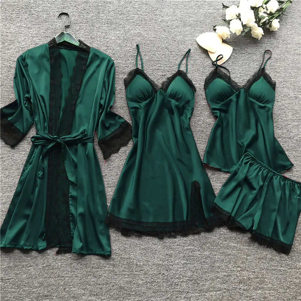 Hot Womens 4PC Pajamas Sets Lace Top Pants Sleepwear Suit Home Wear Nightwear Sexy Silk Satin Robe Bath Gown Nightdress 3XL