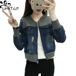 UHYTGF 2022 Spring Autumn Denim Jacket Womens Fashion Hole Stitching Student Short Jeans Coat Thin 3XL Loose Size Outerwear 1743