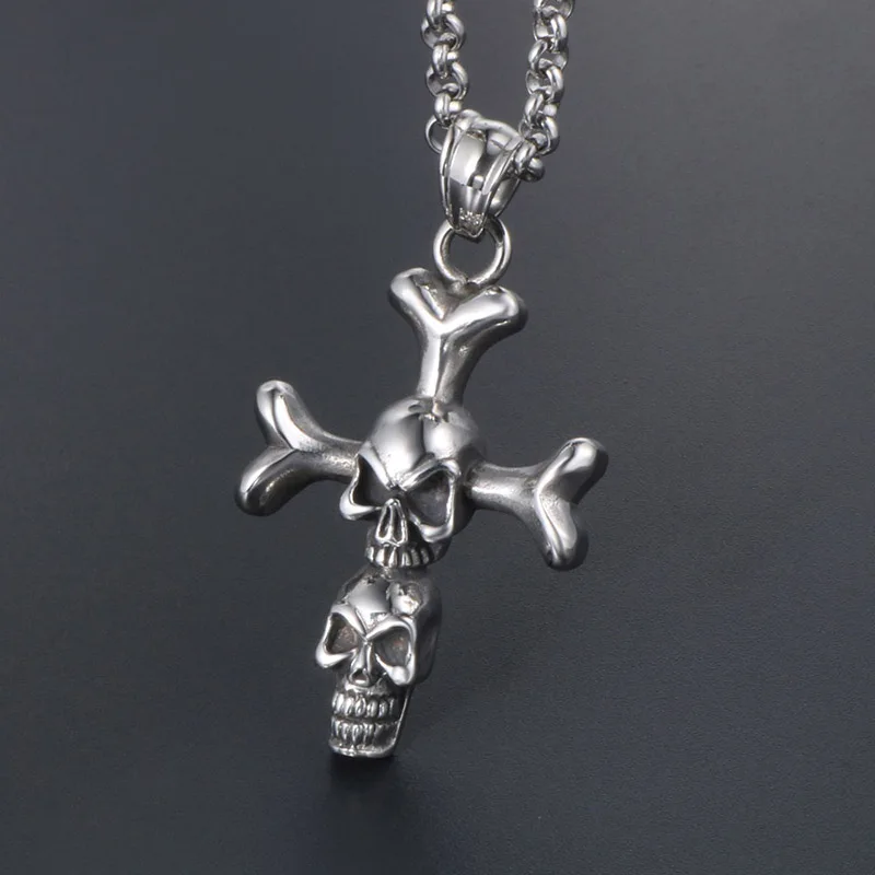 Stainless Steel Personality Punk Double Skull Doomsday Creativity Cross Pendant Male Pendant Necklace