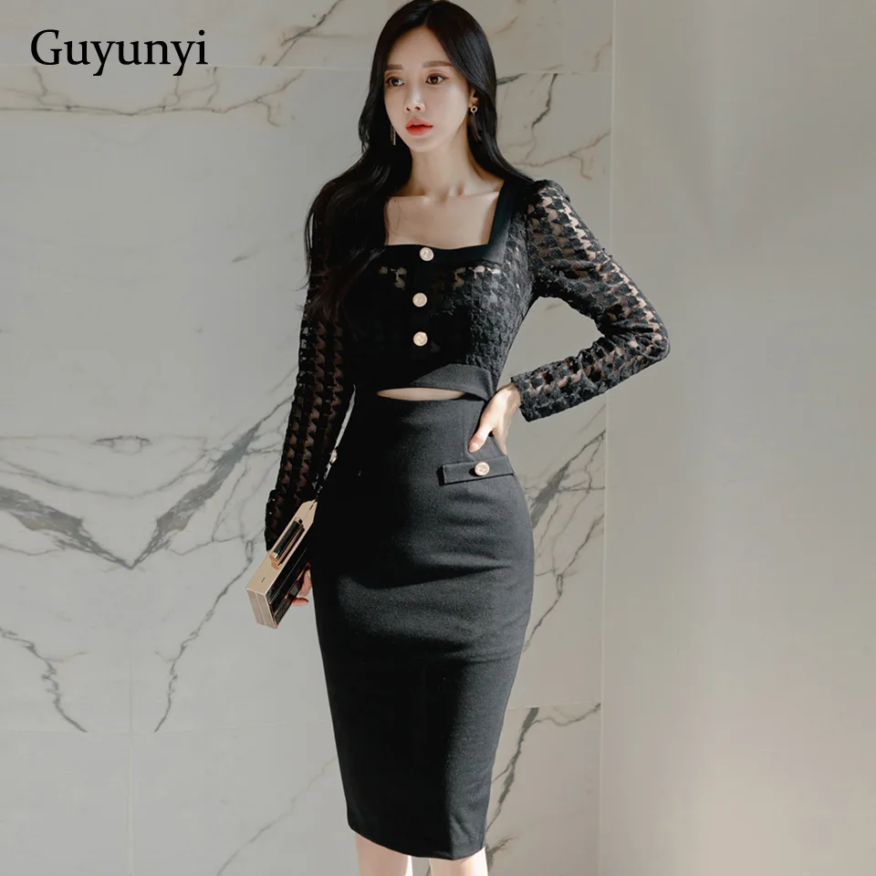 Elegant Party Dress Spring Square Collar Buttons Upper Body Black Sexy Perspective Lace High Waist Hollow Tight Dress Women