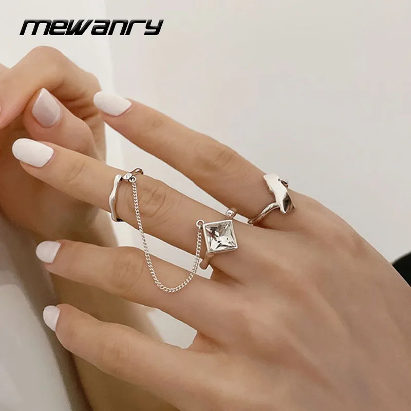 MEWANRY Silver Color Rings Irregular Geometric Accessories New Trendy Couples Tassel Chain White Zircon Party Jewelry