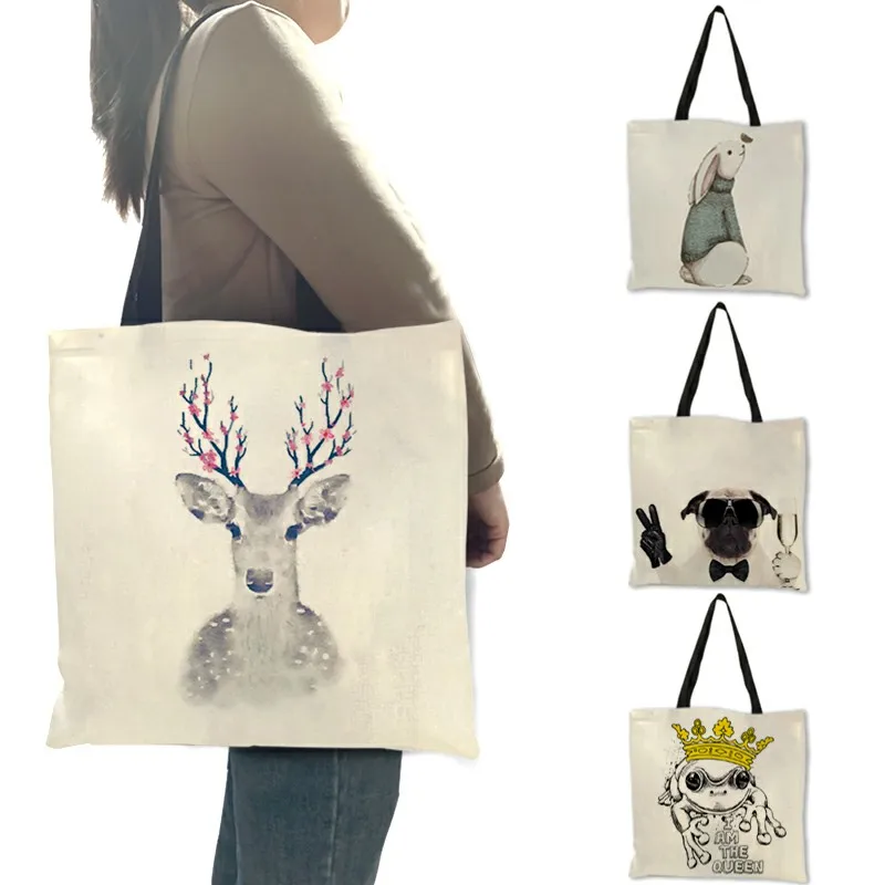 Nordic Animal Reusable Shopping Bag Bulldog Deer Print Linen Tote Bags For Women Lady School Shoulder Bags