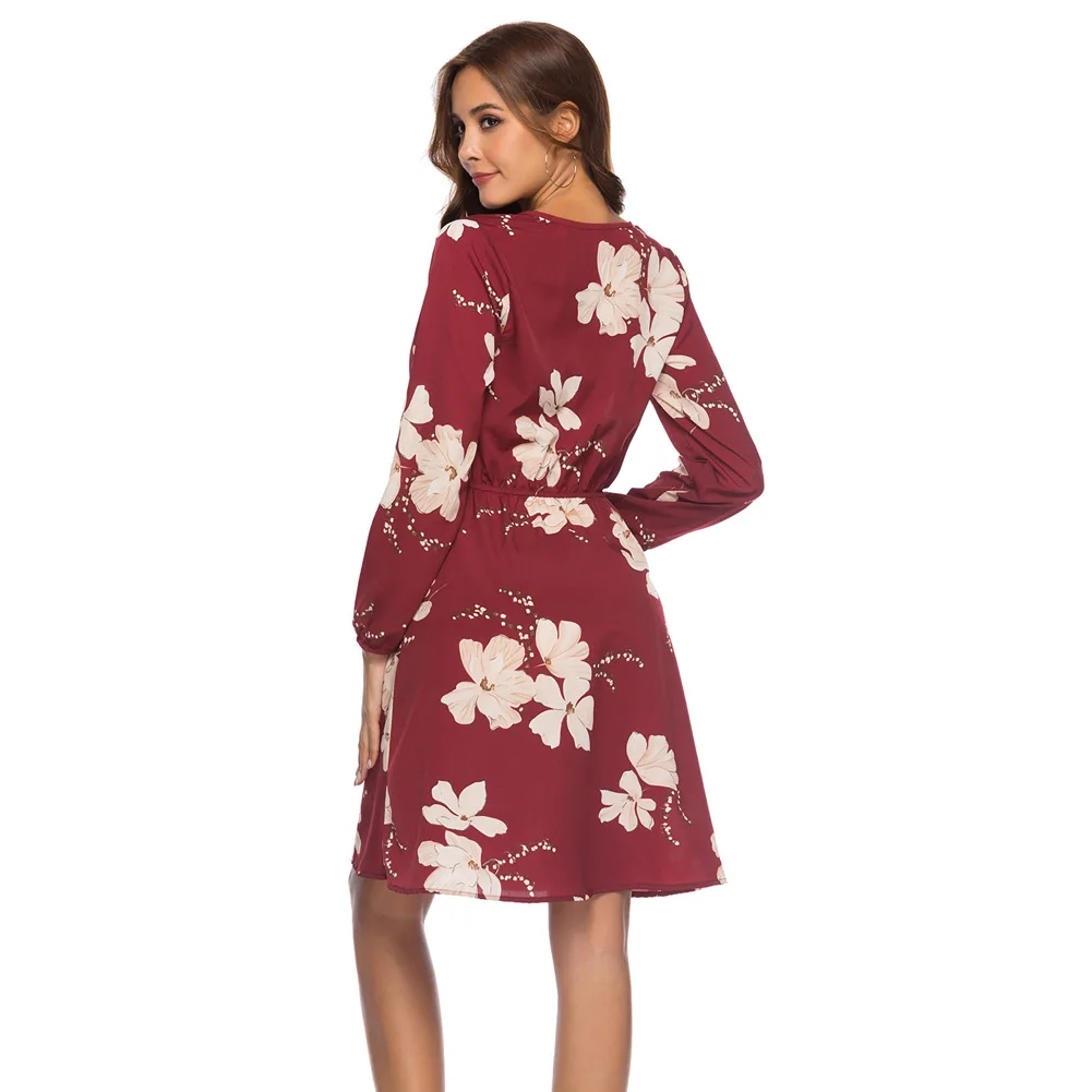 Robe mi-longue en mousseline de soie, manches longues, Sexy, col en V, imprimé Floral, élégante, style Boho, printemps été, LWL1728