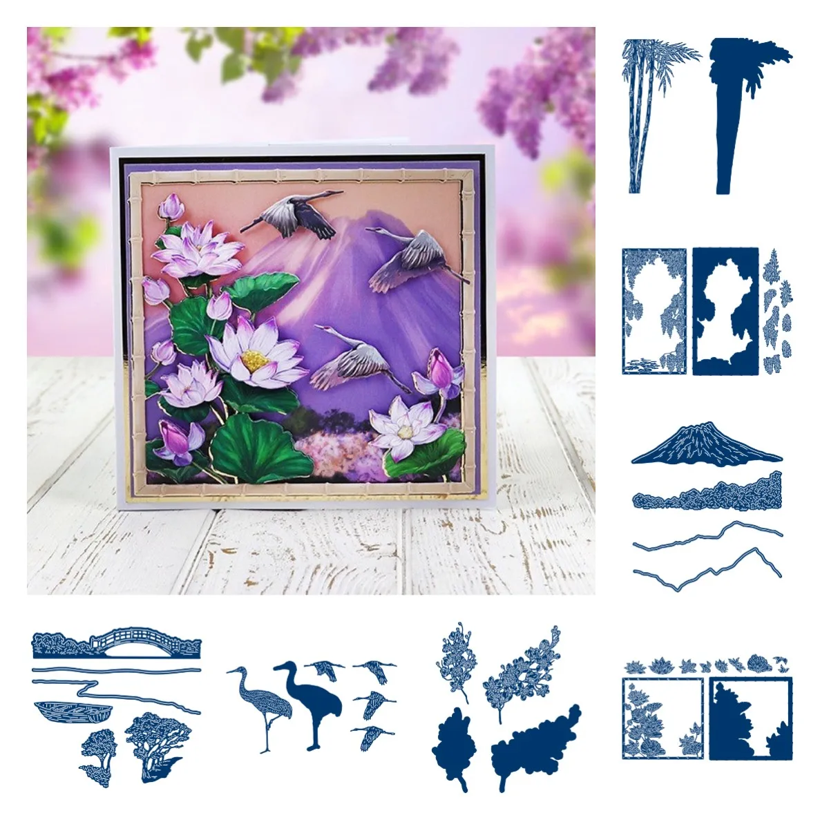 Water Lily Wisteria Frame Crane Tall Bamboo Cutting Dies Scrapbook Diary Decoration Embossing Template DIY Card Handmade 2021