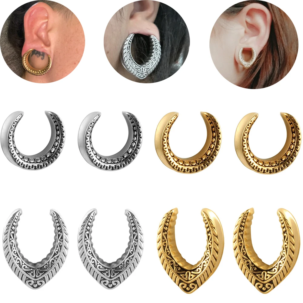 2pcs Tribal Antique Vintage Ear Flesh Tunnel Expander Gauge Hollow Plugs Stretcher Half Arc Shape Tunnel Plugs Piercing Jewelry