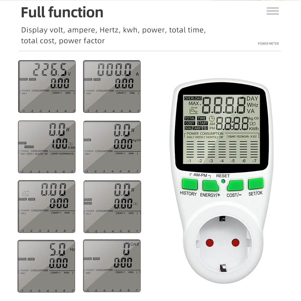 Digital Power Meter EU Plug Wattmeter Socket AC 220V Energy Meter LCD Disply Electricity Cost Diagram Measuring Socket Analyzer