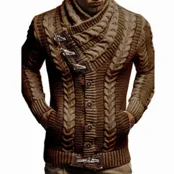 Turtleneck Sweater Coat Men Buttons Decor Long Sleeve Loose Casual Twist Cardigan Sweater Knitwear Open Stitch Top