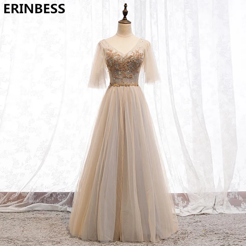 2020 Vestidos De Gala A-line Champagne Prom Dresses Long Vestido De Noite Half Sleeve V-neck Lace Appliques Beads Prom Dress