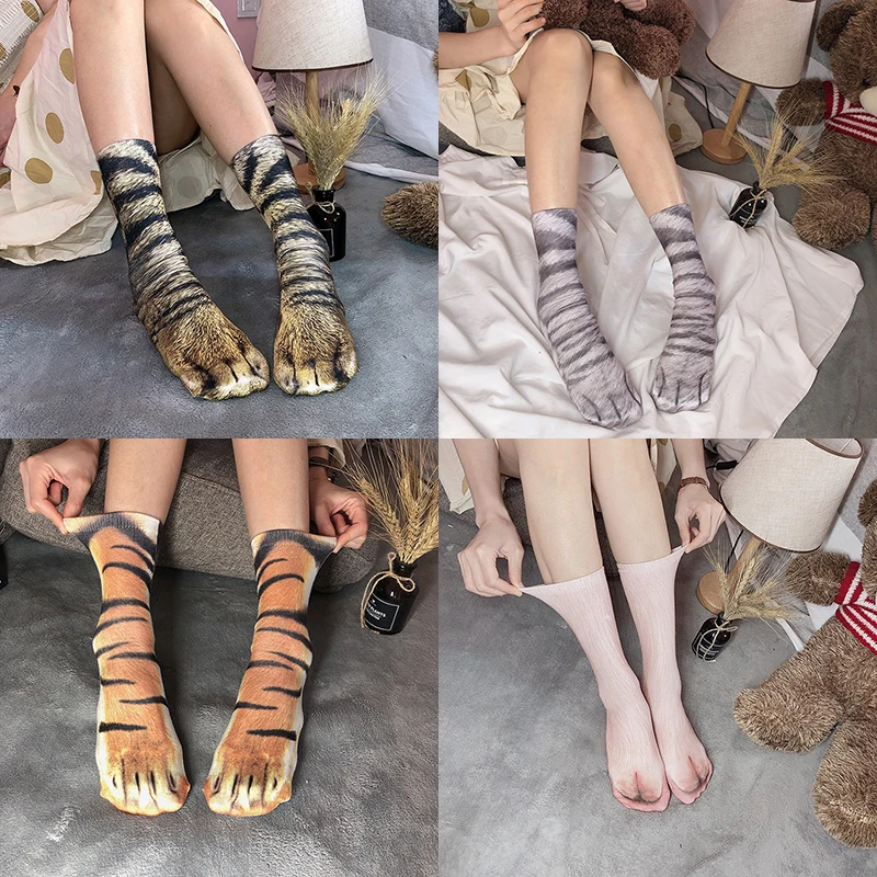 3 Pairs Animals Cat Socks Unisex 3D Printed Funny Tiger Leopard Paw Middle Tube Socks Fashion Happy Gift Combination Female