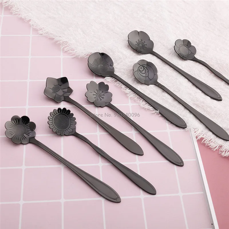 8Pcs Creative Coffee Spoon stainless steel Colorful Stirring Milk Teaspoon Dessert Ice Cream Spoon Tableware Flowers Design