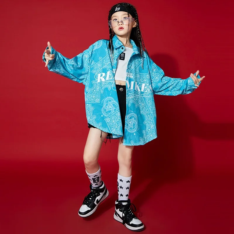 Kid Cool Kpop Hip Hop Clothing Print Oversize Shirt Crop Tank Top Black Washed Jeans Shorts for Girls Jazz Dance Costume Clothes