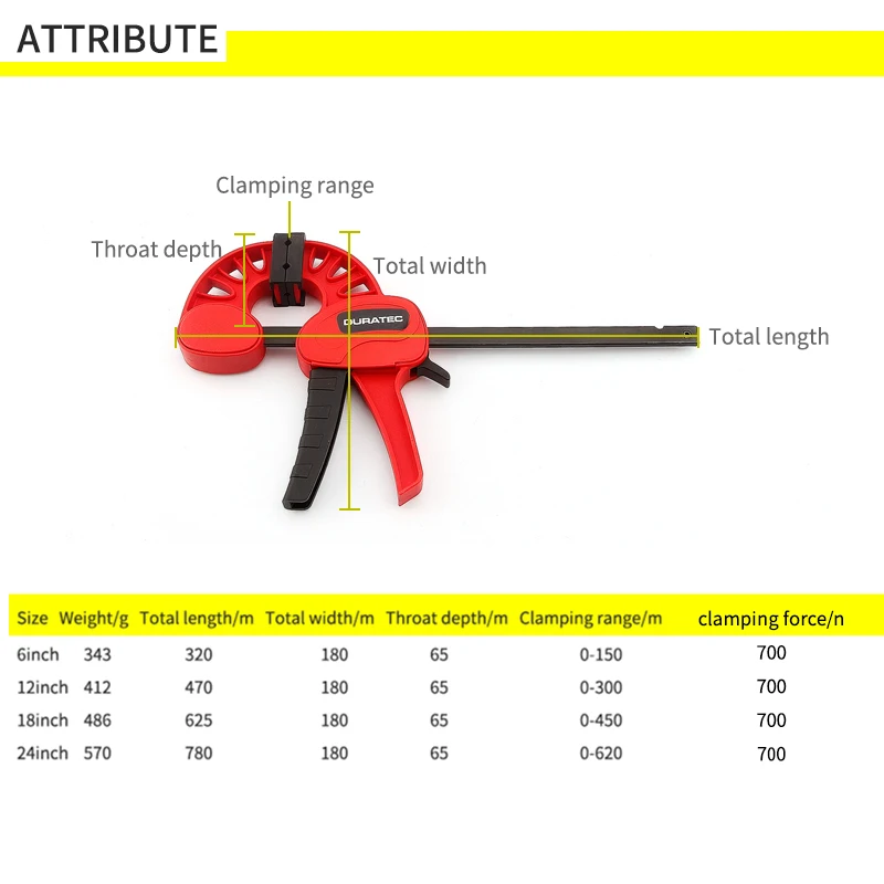 DURATEC جديد F نمط شريط المشبك أدوات العمل الخشبية قبضة سريعة F المشبك 4/6/12/18/24 بوصة البلاستيك النجارة المشابك الإفراج السريع