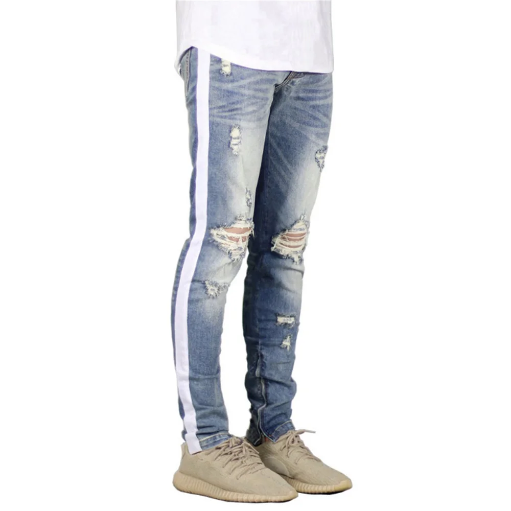 EH·MD® White Long Striped Jeans Men's Zipper Hole Ripped Pencil Pants High Stretch Slim Reflective Comfortable Breathable 2020