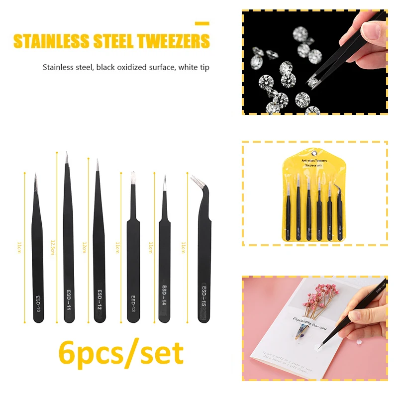 6pcs/set  Anti Static Tweezers Stainless Steel Picking Up Gems Adhesive Foam Dots Electronics Repair Tools Fine/Board Tip 2021