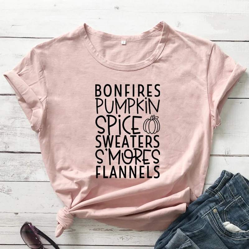 Bonfires Pumpkin Spice Sweaters S'Mores Flannels T-Shirt Fall Yellow Clothes Halloween Pumpkin Tee Favorites Pumpkin Holiday Top