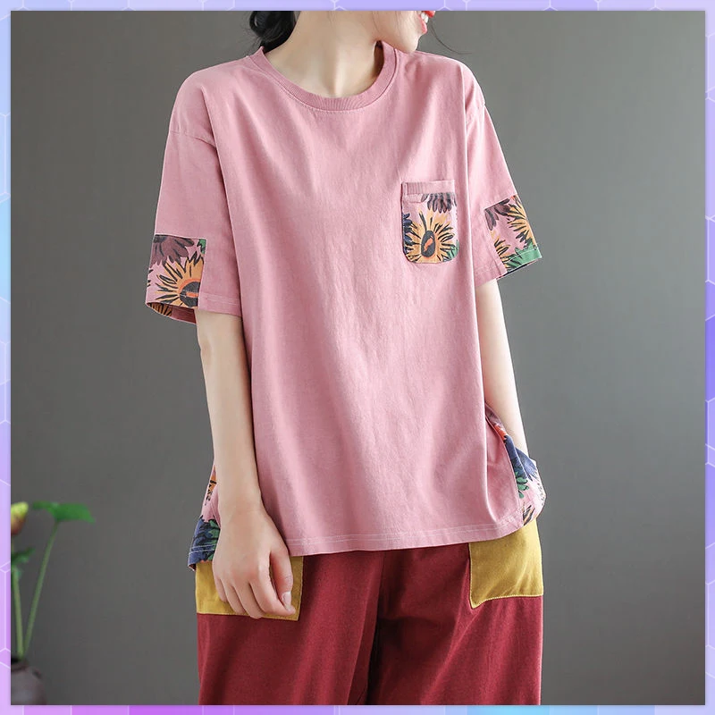 4XL Plus Size Floral Print Oversized Cotton T-shirt Women's Tee Shirt O-Neck Short-Sleeve Tops Loose Large Size Shirt Top Female