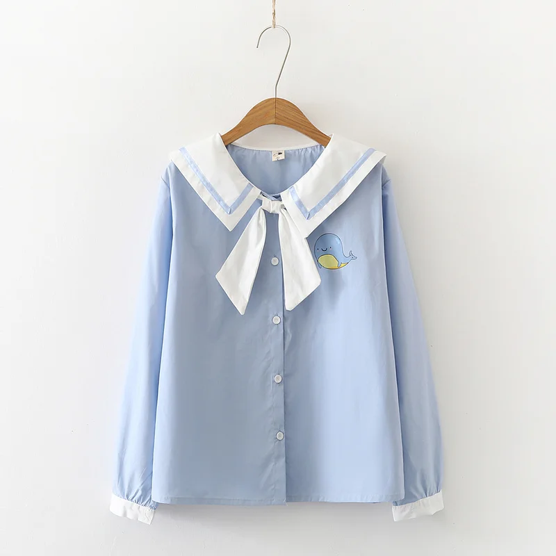 Vintage Sailor White Shirts Women Blouse Cute Bow Tie Front Kawaii Long Sleeve Top Girls Anime Cosplay Costume School JK Uniform