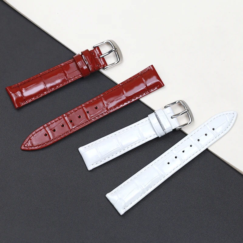 PESNO Highlight Patent Leather Calf Skin Leather Watch Bands White Green Blue Red Genuine Leather Straps Lady Watch Accessories