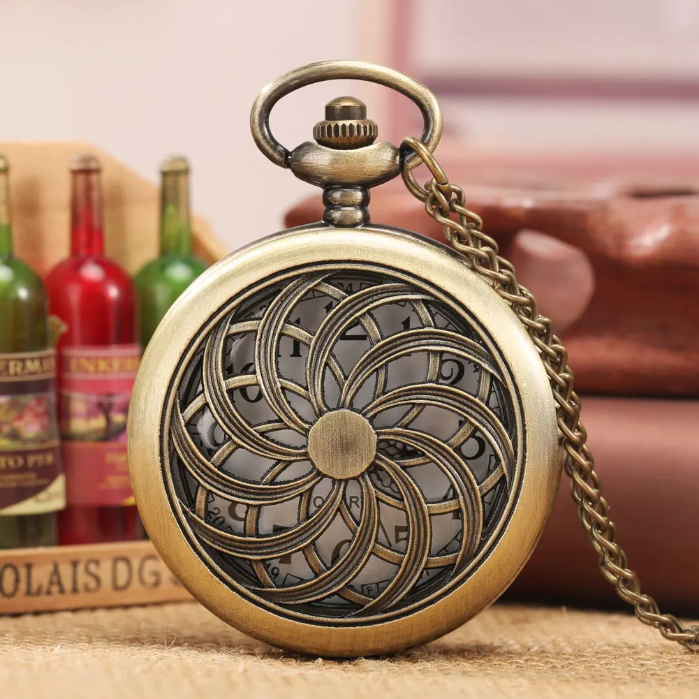 Reloj de bolsillo de cuarzo con diseño geométrico de flores huecas de bronce Retro, cadena de suéter, collar, colgante, reloj, regalos Unisex