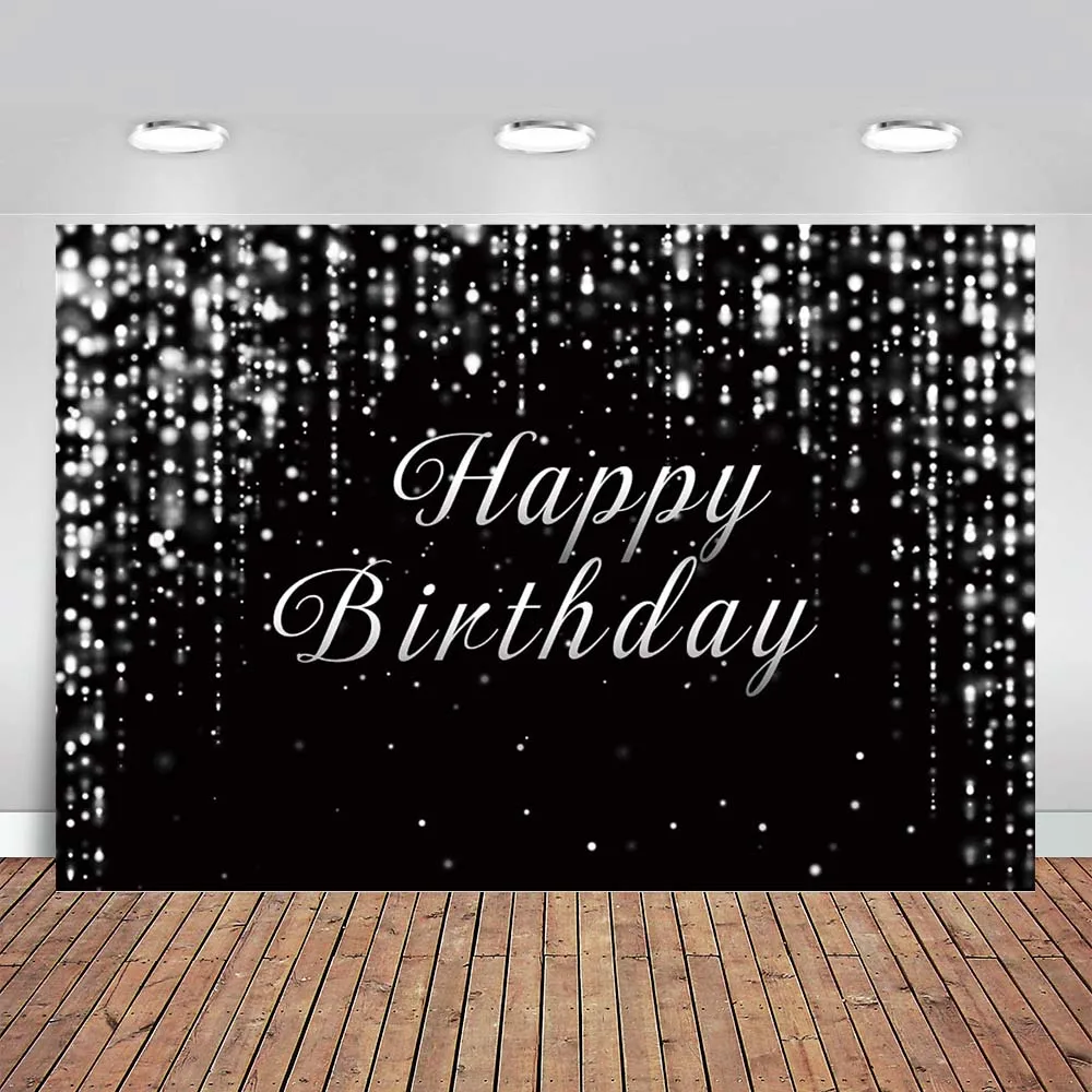 

Black and Silver Happy Birthday Backdrop for Photography Sparkle Bokeh Glitter Party Adults Kids Baby Shower Photo Background